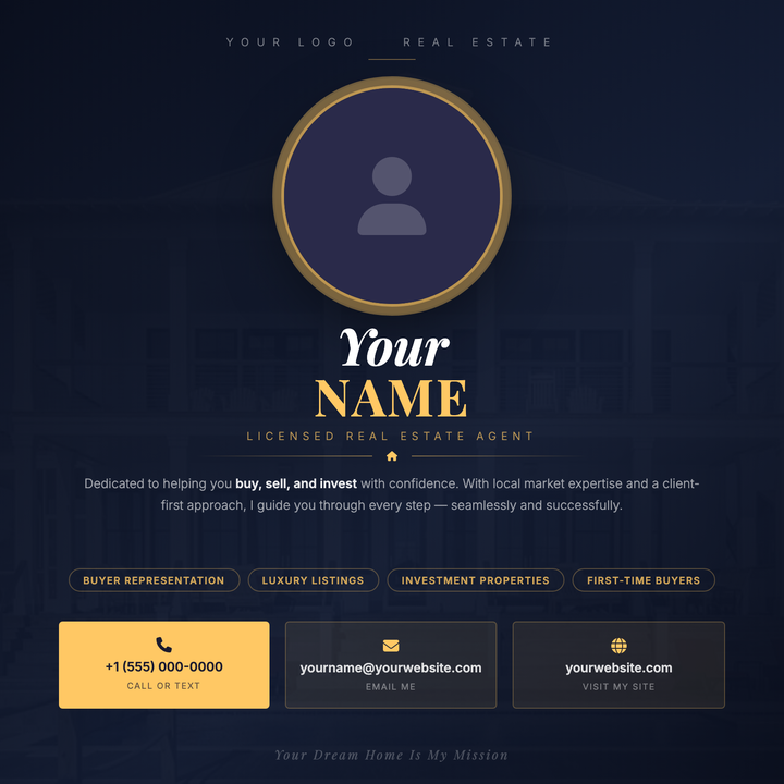A gold-on-navy luxury layout built for agent introduction flyers and 'meet your agent' digital ads.