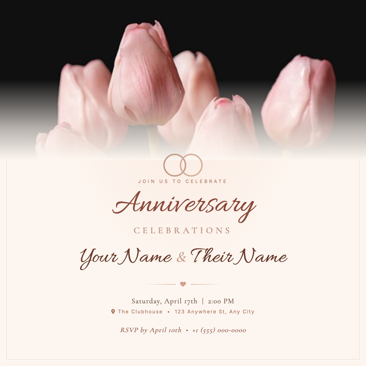A warm blush-and-cream canvas with a full-width photo fade, interlocking rings motif, and Allura cursive headlines sets a heartfelt, vintage-modern tone.