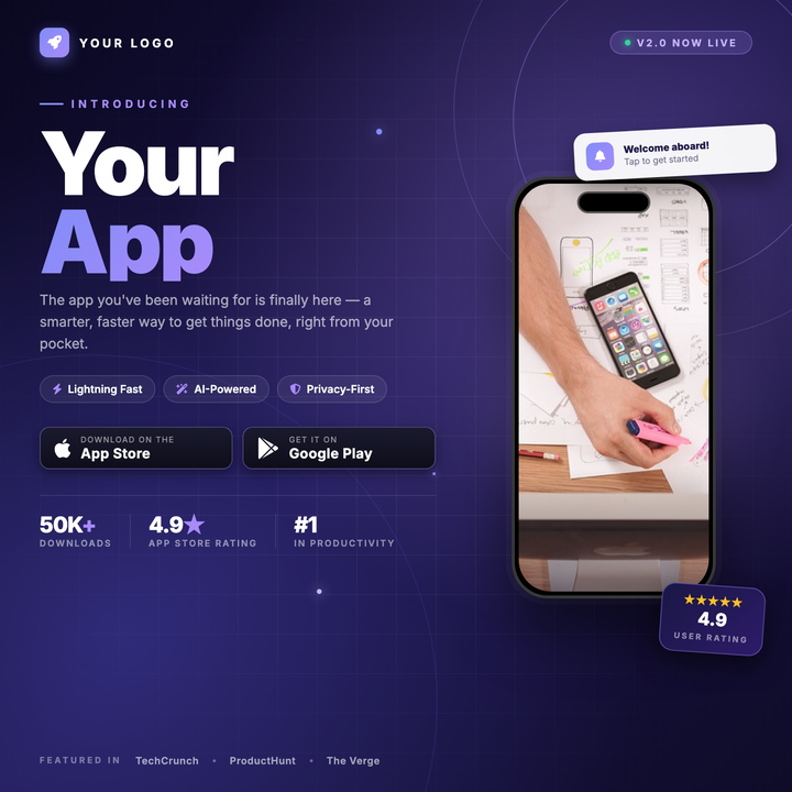 A dark cosmic layout built for mobile app launches and version releases, featuring a glowing phone mockup stage, store-download buttons, and a stats credibility strip.