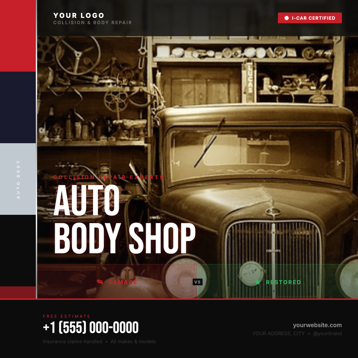 A bold, industrial layout built for collision repair shops and paint specialists.