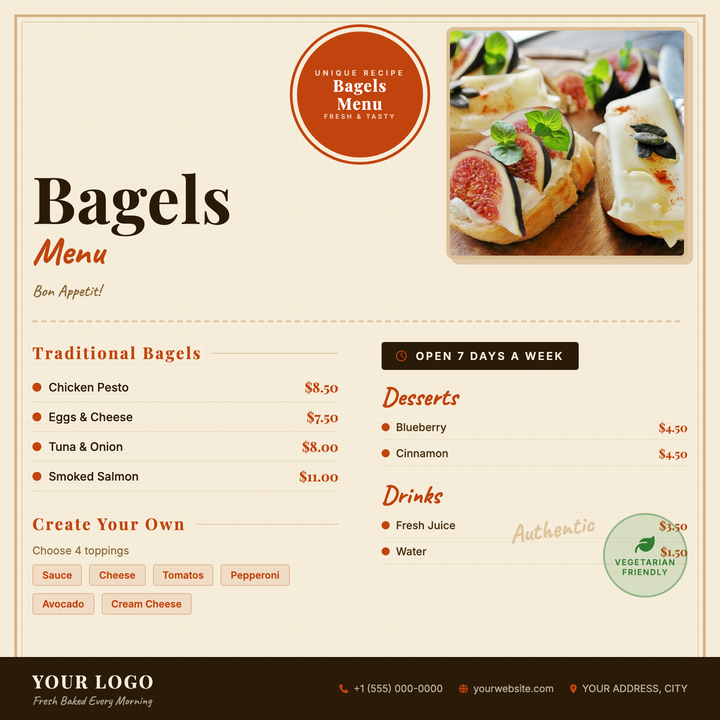 A warm kraft-paper layout with vintage stamp borders, bold Playfair Display headlines, and a rich espresso-and-red-orange palette.