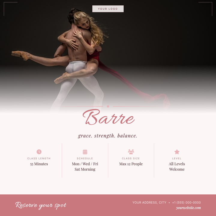 A soft rose and warm cream layout built for boutique barre and ballet-inspired fitness studios.