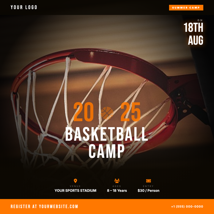Built on a dark hardwood-texture canvas with a vivid orange accent, this template layers a full-bleed action photo behind a heavy vignette scrim for an athletic premium look.