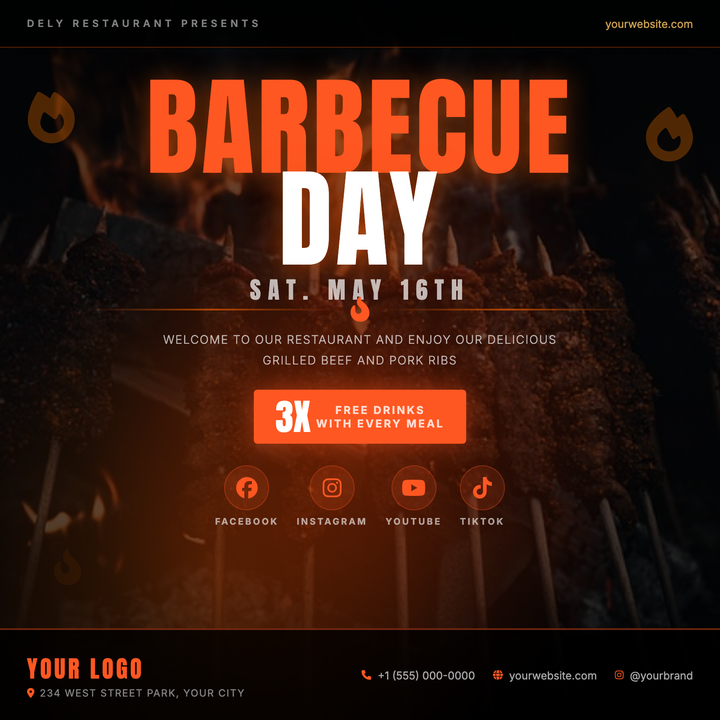 Bold Anton display type at 120px dominates the upper half, with the first word colorized in deep orange-red (#FF5722) against a darkened, full-bleed food photo.