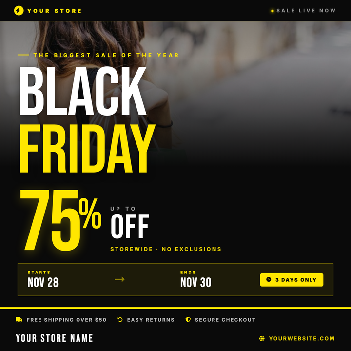Bold Bebas Neue headlines and an oversized percentage numeral dominate this electric-yellow-on-black square flyer, built for instant discount impact.