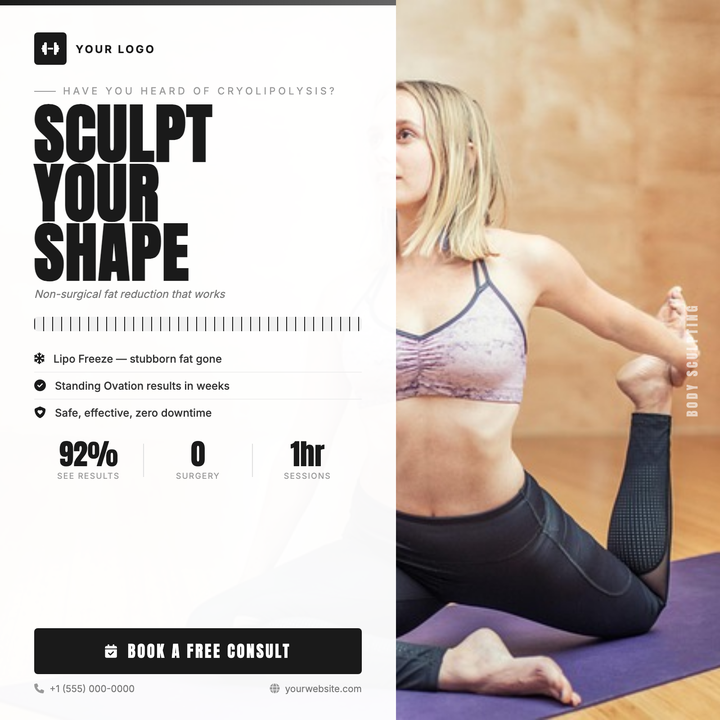A near-monochrome split-panel layout with a full-bleed body photo on the right and a crisp white content surface on the left.
