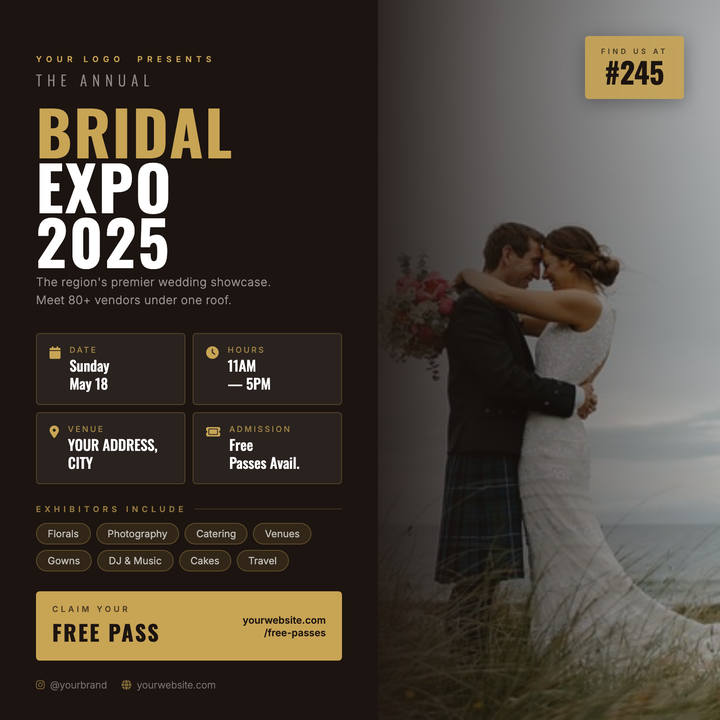 A split-canvas layout pairs a full-bleed wedding photo with a dark brown editorial panel, unified by a seamless gradient scrim.