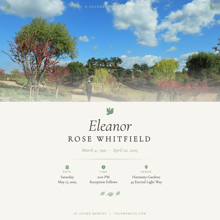 A warm, reverent layout built around a full-bleed portrait photo that dissolves into a cream-white content panel through a soft gradient.