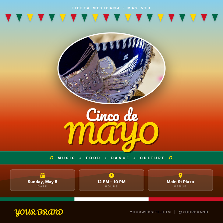 Bold Pacifico script in white and gold anchors the headline over a desert-sunset sky gradient, while papel picado pennants in Mexican flag colors run across the top.