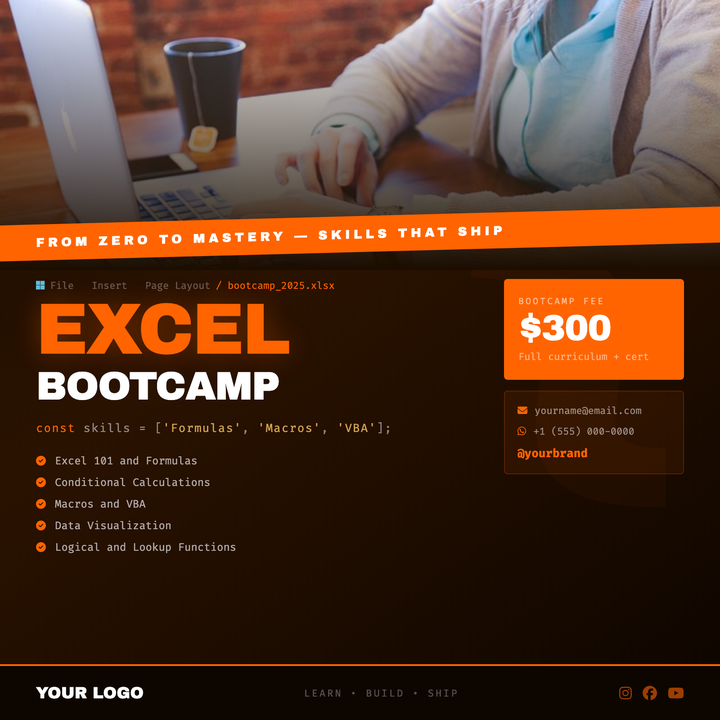 A dark-orange "studio tech" layout built for coding bootcamps, dev workshops, and data analytics courses.
