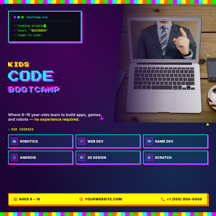 Built on a deep-purple radial-gradient base with neon cyan, magenta, and yellow accents, this retro-arcade flyer uses pixel-stripe borders and a 'Press Start 2P' headline stack to grab attention instantly.