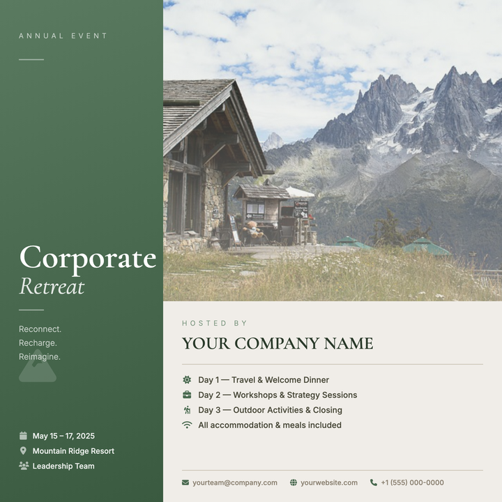 A split-panel layout with a sage-green left column in Cormorant Garamond and a full-bleed landscape photo on the right, bridged by a warm cream section for schedule and contact details.