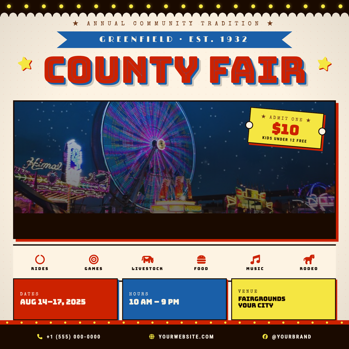 Built for community fairs, town festivals, and summer carnivals, this template channels nostalgic vintage Americana with circus-style display lettering, marquee bulb borders, and a bold red-and-blue color scheme on aged-cream paper.