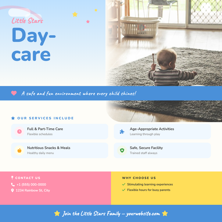 A warm, playful flyer built for childcare providers, preschools, and family playcenters.