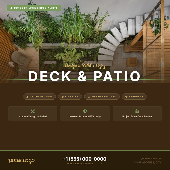 A warm rustic-modern layout built for deck builders and patio contractors.