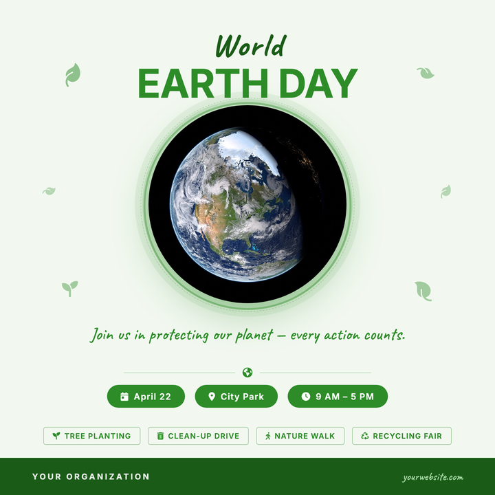 A mint-white square flyer built around a circular nature photo framed by soft concentric rings and floating leaf accents in forest green.