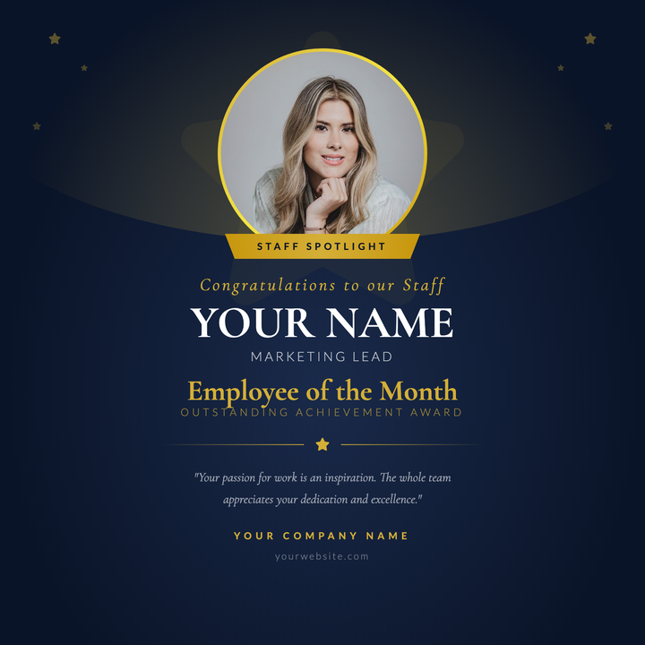 Showcase top performers with a deep-navy canvas, a gold-ringed portrait circle, and a star-burst halo that commands attention.