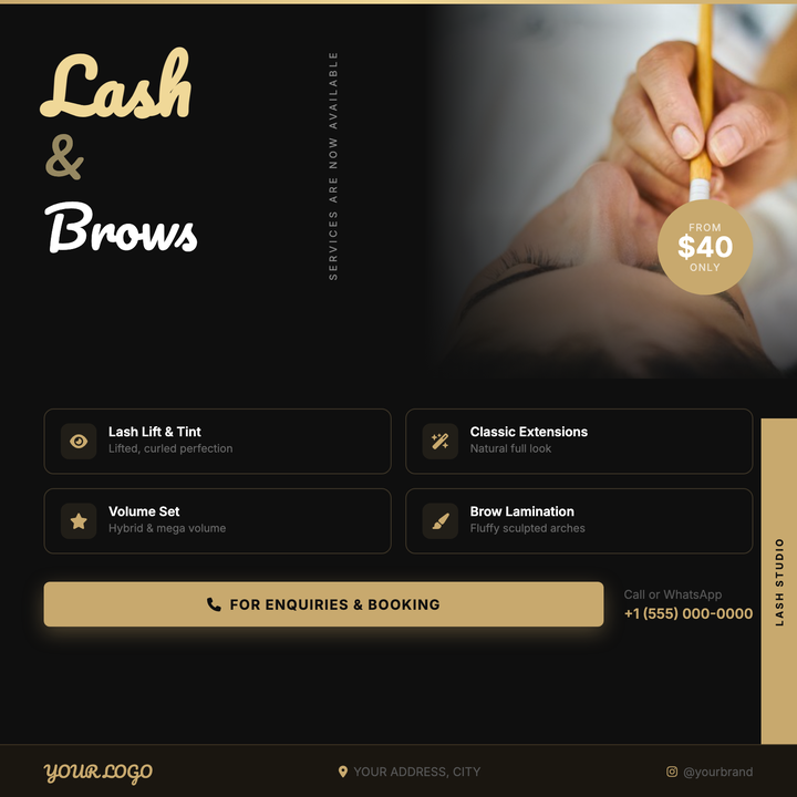 A deep-black canvas with Pacifico script headlines in luminous gold (#f0d898) makes the service name the instant focal point.