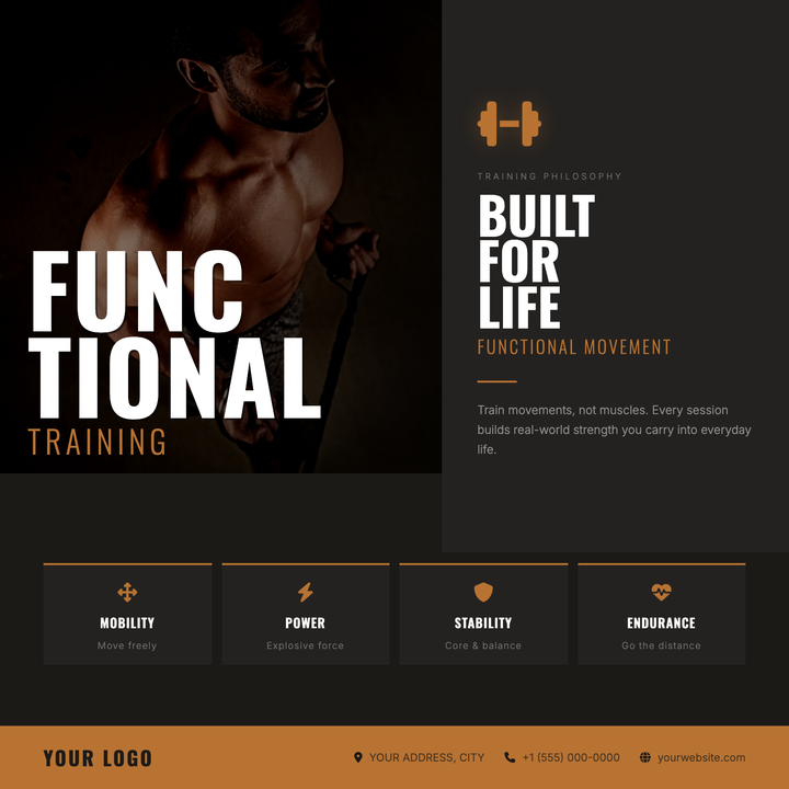Built for strength programs and kettlebell class launches, this dark-concrete layout pairs bold Oswald display type with copper (#b87333) accents across a two-band canvas.