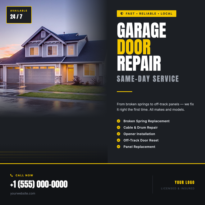 Built for trades and emergency home-service businesses, this dark charcoal layout pairs bold Anton headlines and a safety-yellow accent system to signal speed and reliability at a glance.
