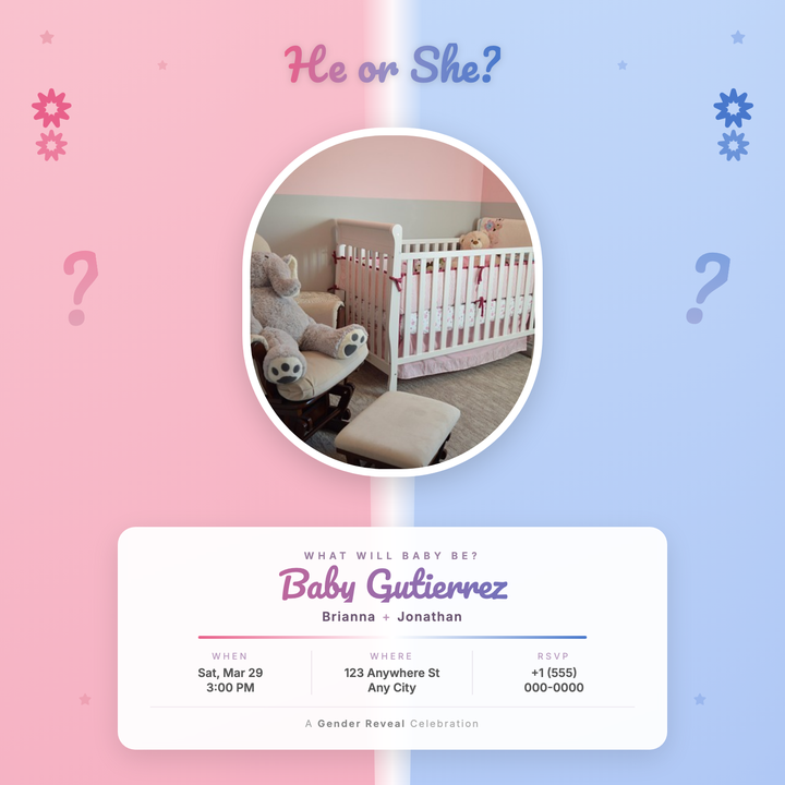 A bilateral pink-and-blue split-panel design with a soft diagonal seam, Pacifico script headline, and frosted-glass info card for baby name and event details.