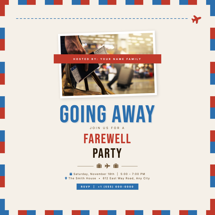 A vintage airmail envelope layout on warm parchment (#f5f0e8) sets a nostalgic, travel-forward mood for bon voyage and farewell gatherings.