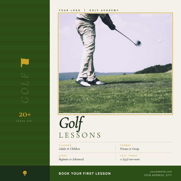 A premium two-zone layout with a deep fairway-green sidebar, gold-framed instructor photo, and Cormorant Garamond italic display type.