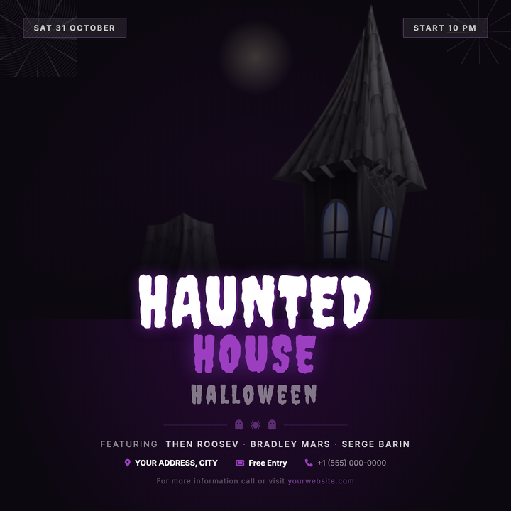 Built on a near-black radial gradient canvas with deep violet warmth, this 800×800 social square pairs Creepster display type at three dramatic sizes with a neon-purple accent and moonlit photo zone.