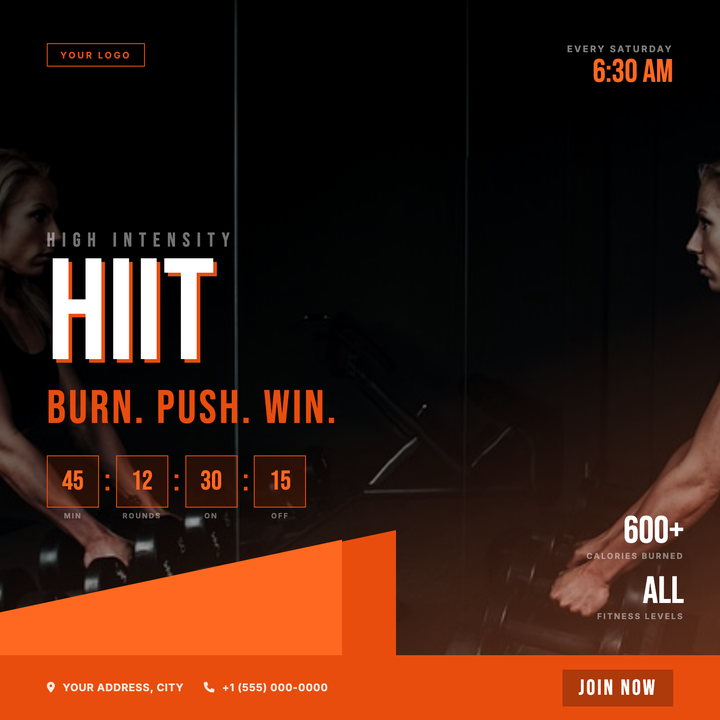 A dark, high-energy canvas built for HIIT classes, bootcamps, and interval training events.