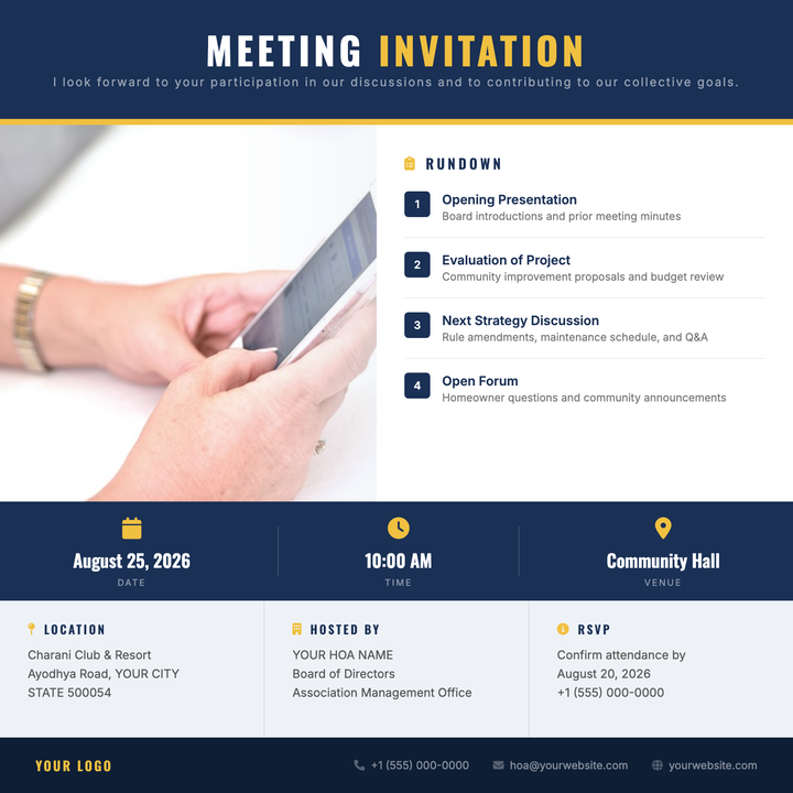 A structured, navy-and-amber flyer built for homeowners associations, condo boards, and neighborhood councils.
