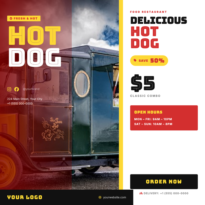 Bold Bungee Inline display type and a split photo-plus-white-panel layout make this flyer built for impulse.