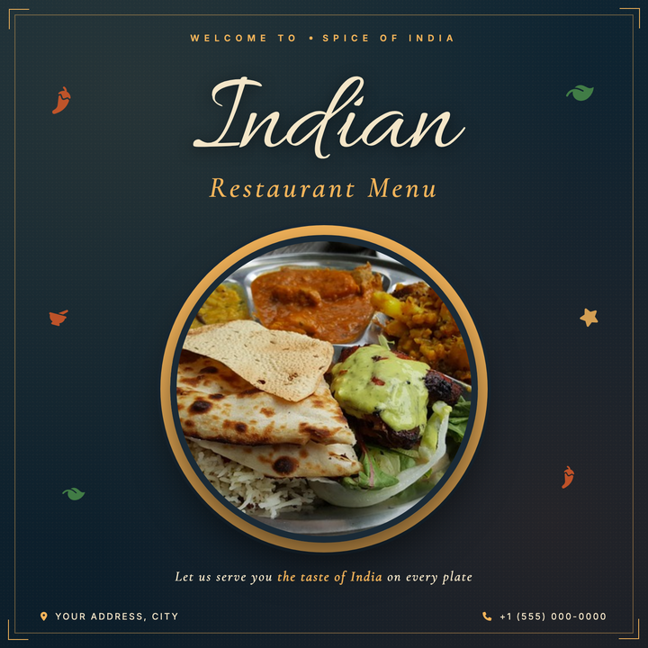 A deep teal-navy canvas with warm amber and burnt-orange radial glows sets a ceremonial mood for upscale Indian dining.