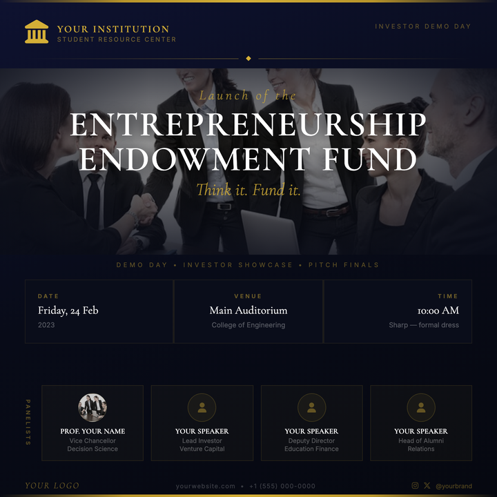 A ceremonial deep-navy canvas anchored by antique gold horizontal rules and Cormorant Garamond display typography gives this template an almost heraldic authority.