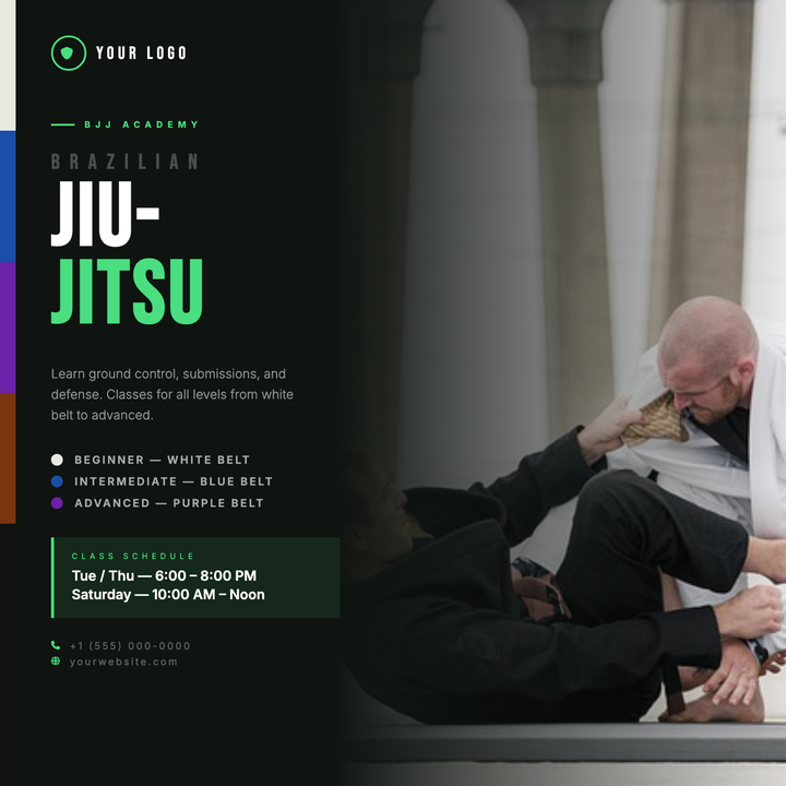 A split-panel layout pairs bold Bebas Neue headlines on a near-black (#0f1410) left panel with a full-bleed martial arts photo on the right, blended seamlessly via a dark-to-transparent gradient scrim.