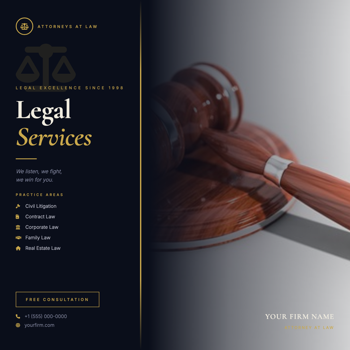 A dark navy and antique gold split-panel layout built for law firms and solo practices.