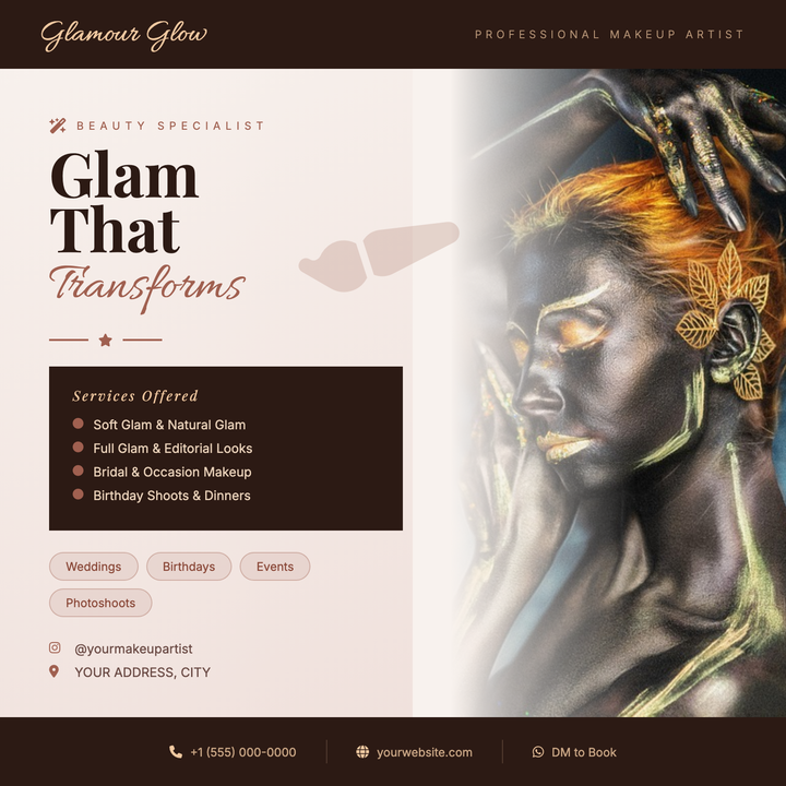 A warm, editorial layout built for makeup artists and bridal beauty studios.