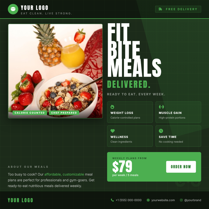 A dark forest-green canvas with a bold Anton headline, 2ร2 benefit grid, and a prominent price-CTA bar drives instant attention for meal prep and nutrition delivery brands.