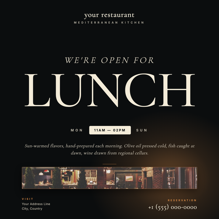 A dark, candlelit layout built around a commanding 188px Cormorant Garamond serif headline and warm amber glow for upscale Mediterranean dining.