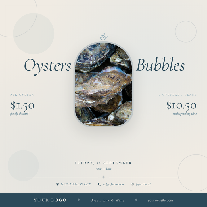 A warm parchment-and-blue-slate layout built for upscale oyster bar events, wine-pairing nights, and champagne seafood hours.