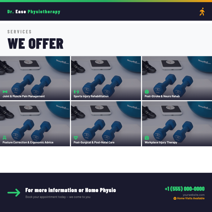 A navy-and-green clinic flyer built around a 3Γ2 photo grid, each cell showcasing a distinct service with a gradient label footer and icon accent.