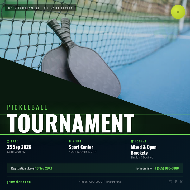 Built on a deep court-green base with a neon #64c850 accent, this template pairs a full-bleed action-photo hero with a structured bottom panel for all event logistics.