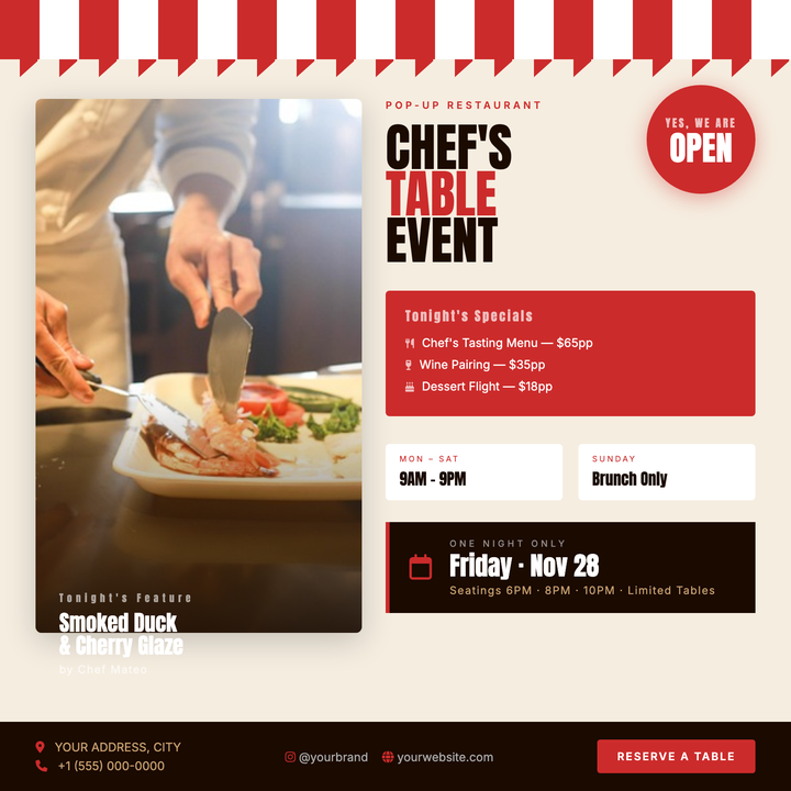 Built around a candy-stripe awning motif and rich espresso-and-red palette, this template leads with a full-bleed food photo and gradient scrim that spotlights your featured dish and chef credit.