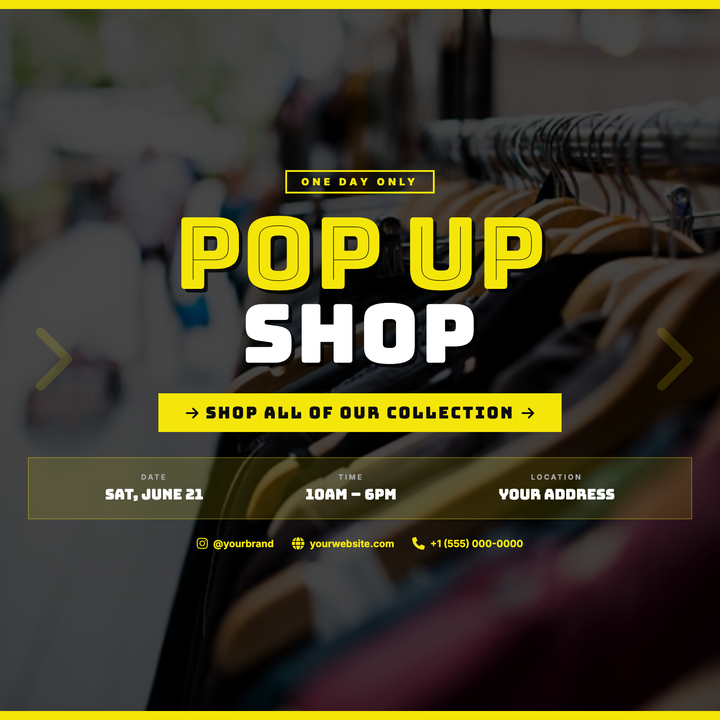 Built for time-limited retail activations and streetwear drops, this template layers bold Bungee Inline display type at 110px over a darkened full-bleed photo.