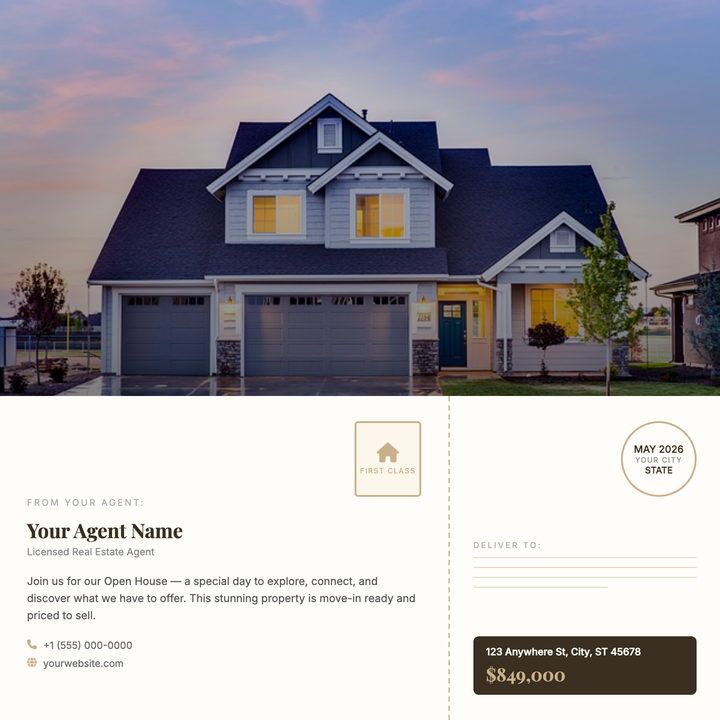 A direct-mail-style postcard layout split into a full-bleed property photo with a dark gradient scrim and bold Playfair Display typography, above a warm paper-toned back panel with agent details, address lines, and a decorative postmark.