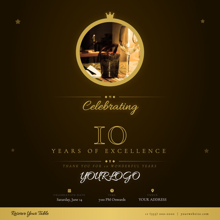 A candlelit, deep-brown-and-gold design built for upscale restaurant milestone celebrations.