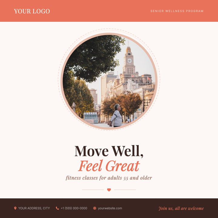A warm coral-and-cream layout built for low-impact fitness and active-aging programs.