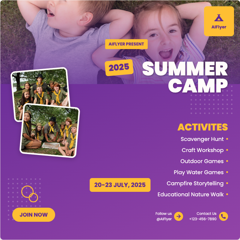 A bold, outdoor-coded square flyer built for youth and family camp promotions.