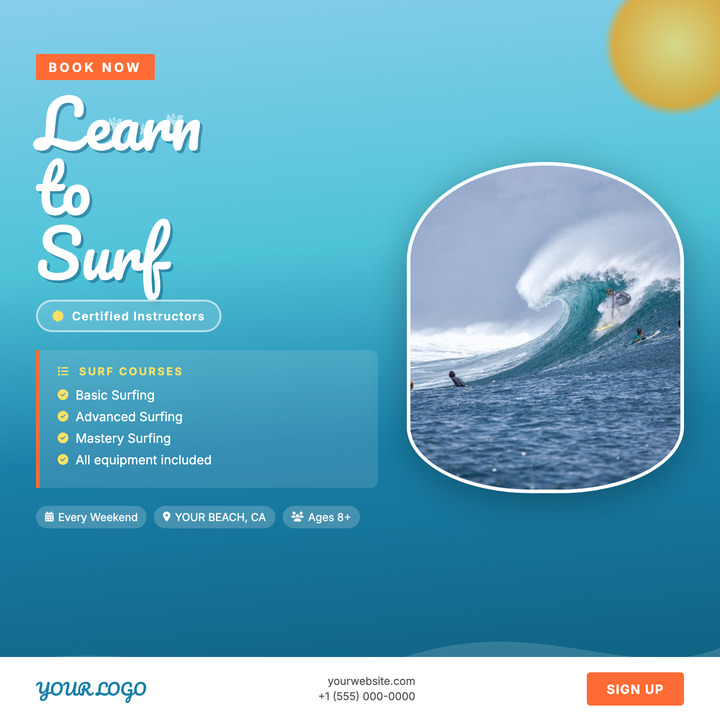 A sky-to-ocean gradient backdrop and Pacifico script headline set a sun-drenched coastal mood for surf schools and beachside programs.