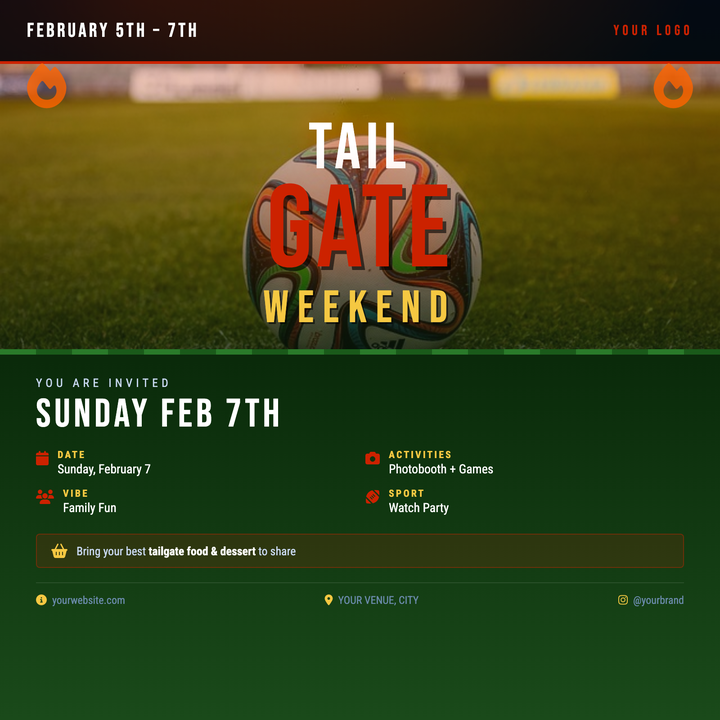 Built for game-day gatherings, this bold template layers a fire-glow photo strip over a deep navy-to-green background with Bebas Neue typography in a dramatic size cascade — "TAILGATE" in giant crimson anchors the hierarchy instantly.