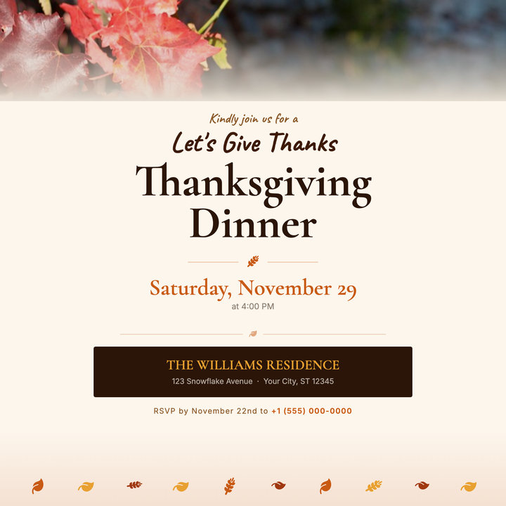A warm, semi-formal invitation built on a cream base with a full-bleed autumn-leaf photo border that fades softly into the layout.